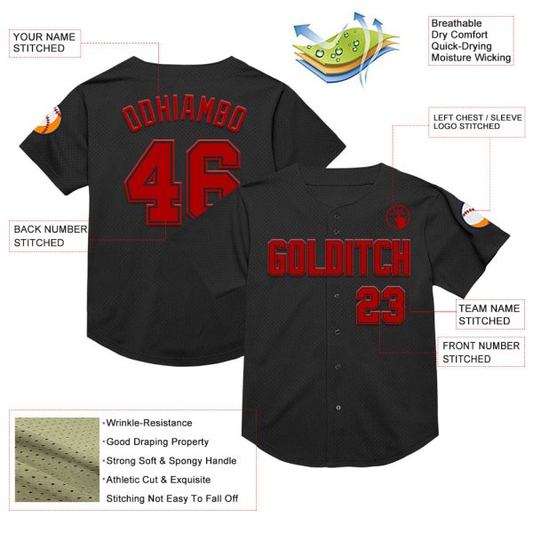Custom Black Red Mesh Authentic Throwback Baseball Jersey - Image 3