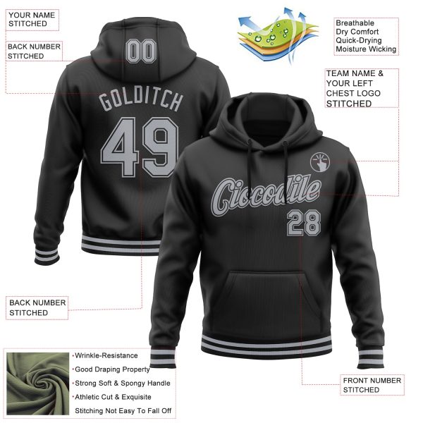 Custom Stitched Black Gray Sports Pullover Sweatshirt Hoodie - Image 3