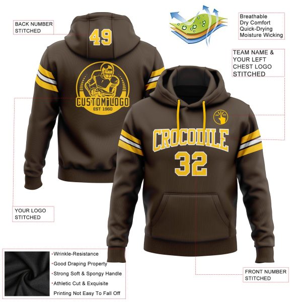 Custom Stitched Brown Gold-White Football Pullover Sweatshirt Hoodie - Image 2