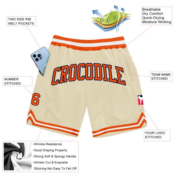 Custom Cream Orange-Navy Authentic Throwback Basketball Shorts - Image 2