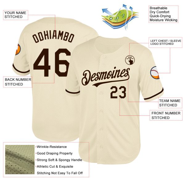 Custom Cream Brown Mesh Authentic Throwback Baseball Jersey - Image 3