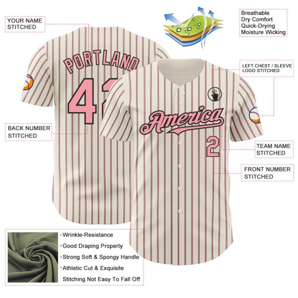 Custom Cream (Black Medium Pink Pinstripe) Medium Pink-Black Authentic Baseball Jersey - Image 3