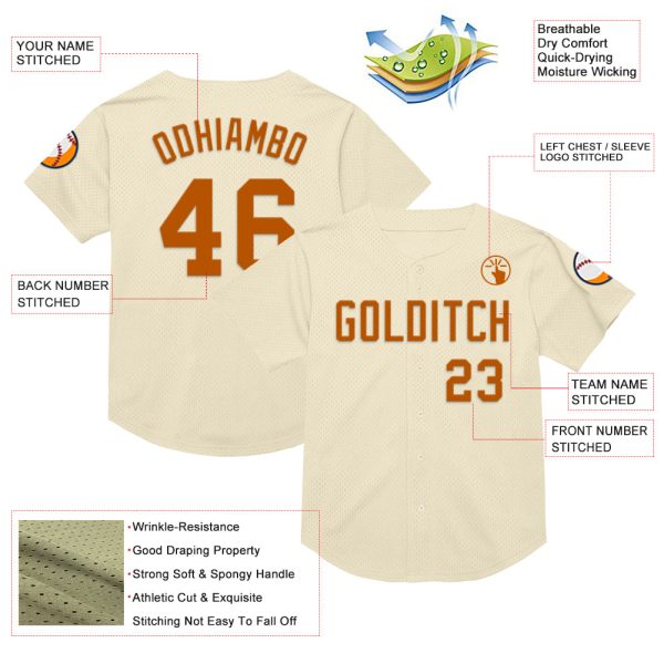 Custom Cream Texas Orange Mesh Authentic Throwback Baseball Jersey - Image 3
