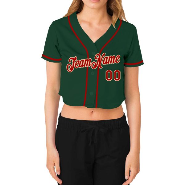 Custom Women's Green Red-Cream V-Neck Cropped Baseball Jersey - Image 2