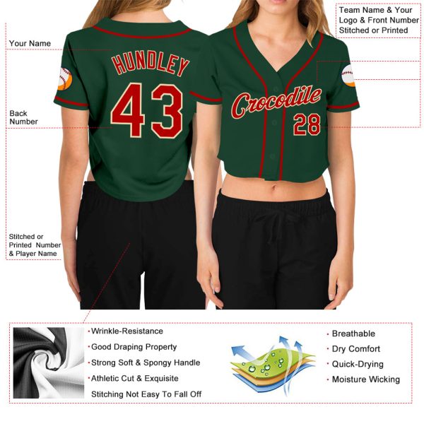 Custom Women's Green Red-Cream V-Neck Cropped Baseball Jersey - Image 3
