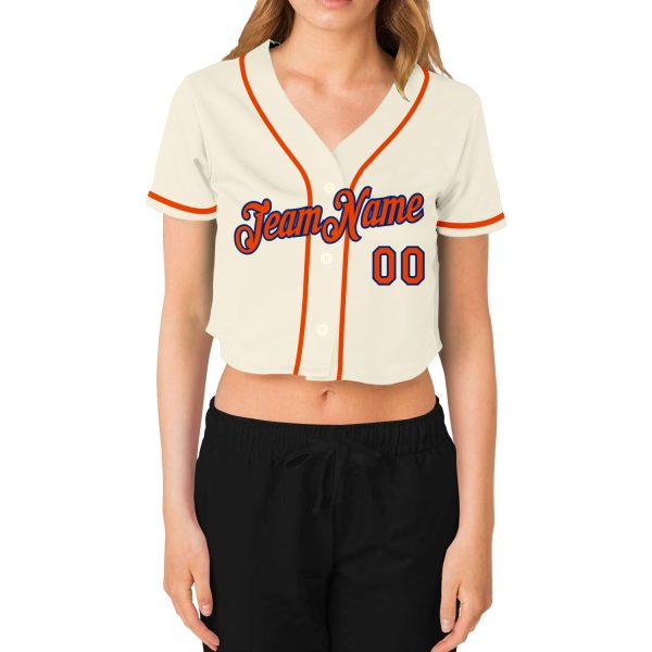 Custom Women's Cream Orange-Royal V-Neck Cropped Baseball Jersey - Image 2