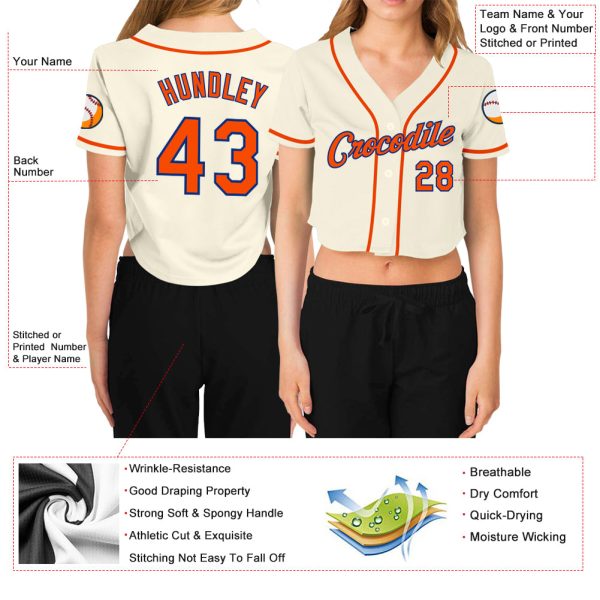Custom Women's Cream Orange-Royal V-Neck Cropped Baseball Jersey - Image 3