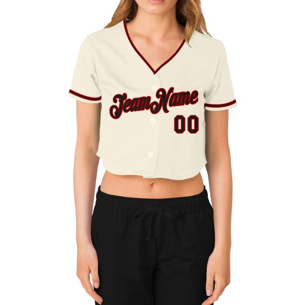 Custom Women's Cream Black-Red V-Neck Cropped Baseball Jersey - Image 2