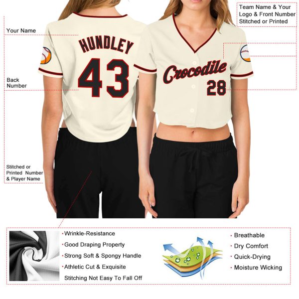 Custom Women's Cream Black-Red V-Neck Cropped Baseball Jersey - Image 3