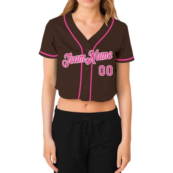 Custom Women's Brown Pink-White V-Neck Cropped Baseball Jersey - Image 2
