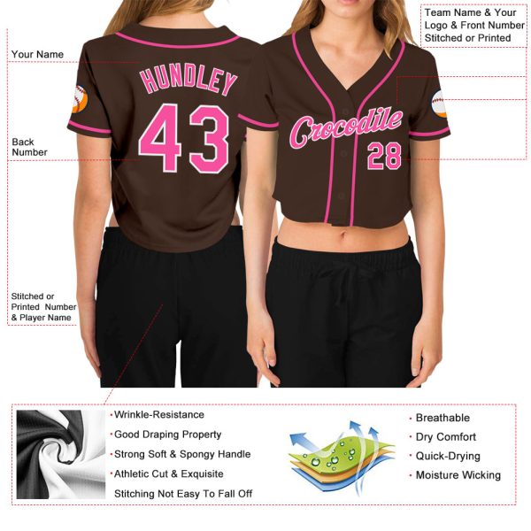 Custom Women's Brown Pink-White V-Neck Cropped Baseball Jersey - Image 3