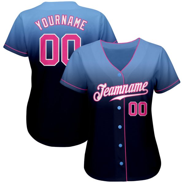 Custom Light Blue Pink-Navy Authentic Fade Fashion Baseball Jersey - Image 2