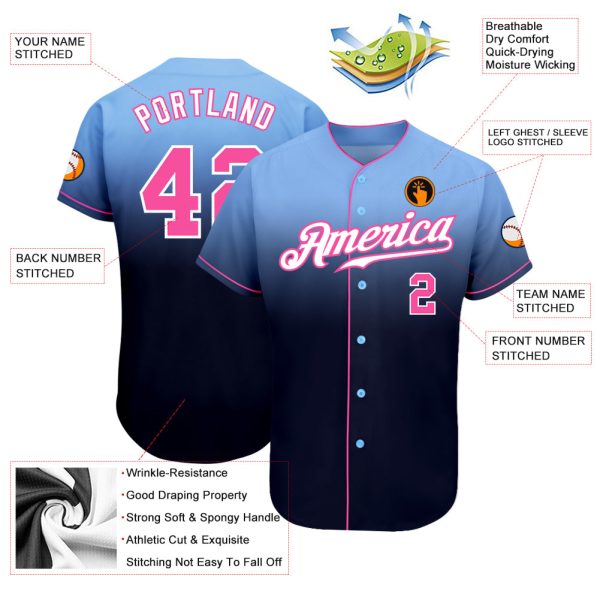 Custom Light Blue Pink-Navy Authentic Fade Fashion Baseball Jersey - Image 3