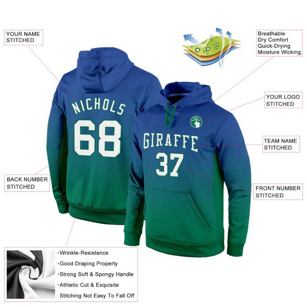 Custom Stitched Royal White-Kelly Green Fade Fashion Sports Pullover Sweatshirt Hoodie - Image 2