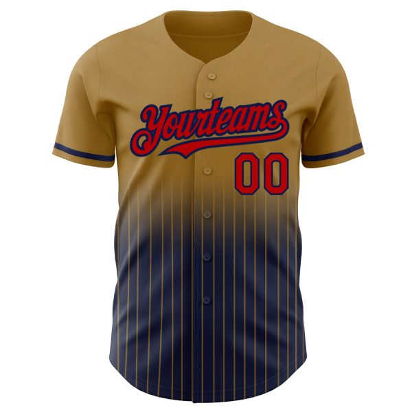 Custom Old Gold Pinstripe Red-Navy Authentic Fade Fashion Baseball Jersey - Image 3