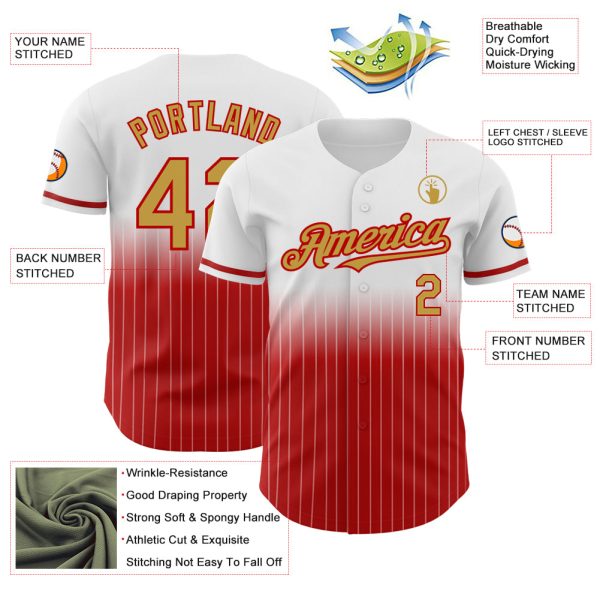Custom White Pinstripe Old Gold-Red Authentic Fade Fashion Baseball Jersey - Image 4