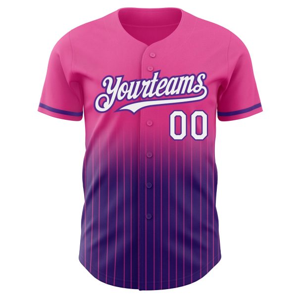 Custom Pink Pinstripe White-Purple Authentic Fade Fashion Baseball Jersey - Image 3