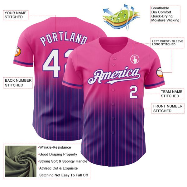 Custom Pink Pinstripe White-Purple Authentic Fade Fashion Baseball Jersey - Image 4