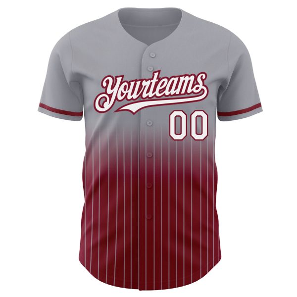 Custom Gray Pinstripe White-Crimson Authentic Fade Fashion Baseball Jersey - Image 3