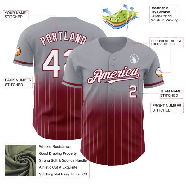 Custom Gray Pinstripe White-Crimson Authentic Fade Fashion Baseball Jersey - Image 4