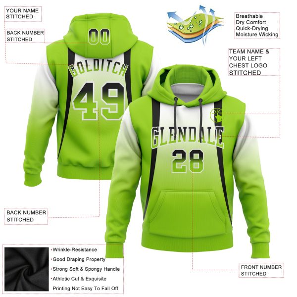 Custom Stitched White Black-Neon Green Fade Fashion Line Sports Pullover Sweatshirt Hoodie - Image 2