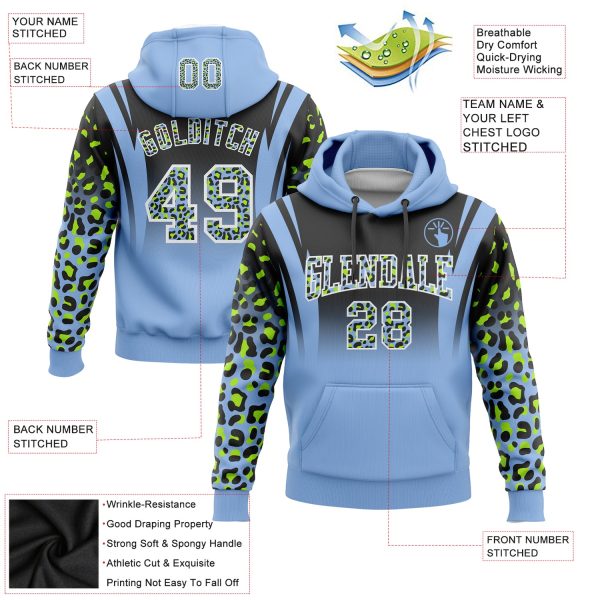Custom Stitched Black Light Blue-Neon Green Fade Fashion Leopard Print Sports Pullover Sweatshirt Hoodie - Image 2