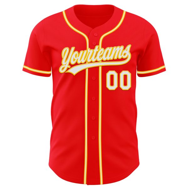 Custom Fire Red White-Yellow Authentic Baseball Jersey - Image 2