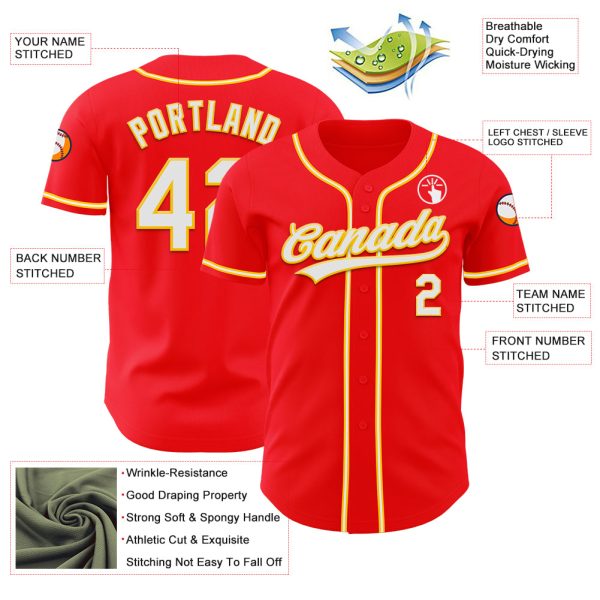 Custom Fire Red White-Yellow Authentic Baseball Jersey - Image 3