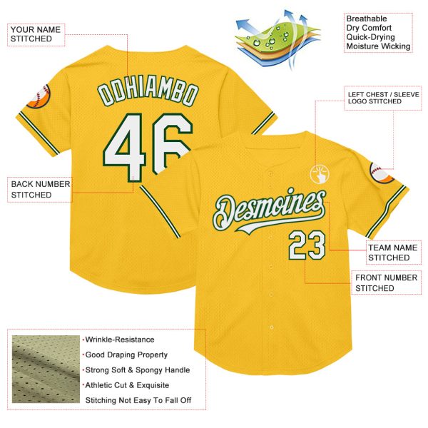 Custom Gold White-Green Mesh Authentic Throwback Baseball Jersey - Image 3