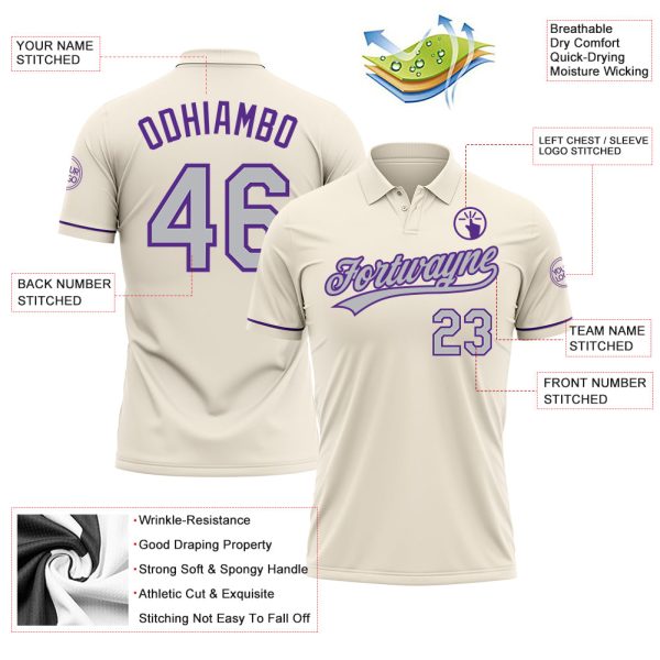 Custom Cream Gray-Purple Performance Vapor Golf Polo Shirt - Image 3