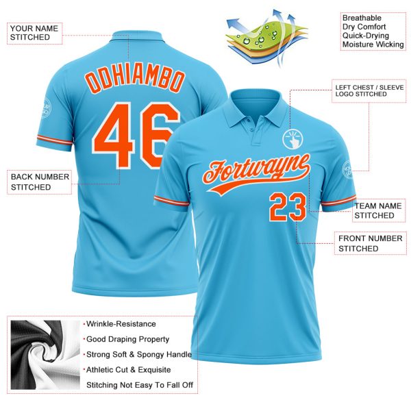 Custom Sky Blue Orange-White Performance Vapor Golf Polo Shirt - Image 3