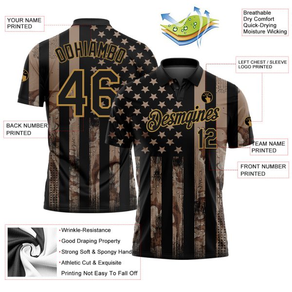 Custom Camo Black-Old Gold American Flag Performance Salute To Service Golf Polo Shirt - Image 3