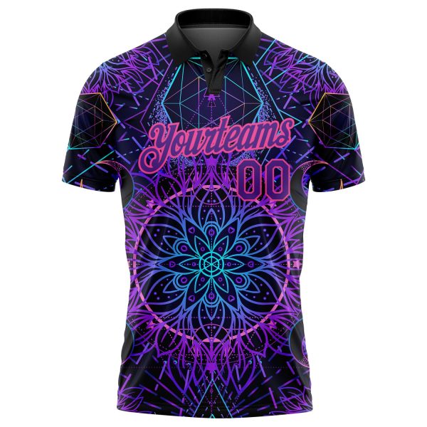 Custom Black Purple Pink 3D Pattern Design Magic Mushrooms Over Sacred Geometry Psychedelic Hallucination Performance Golf Polo Shirt - Image 2