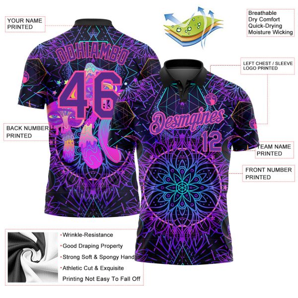 Custom Black Purple Pink 3D Pattern Design Magic Mushrooms Over Sacred Geometry Psychedelic Hallucination Performance Golf Polo Shirt - Image 3