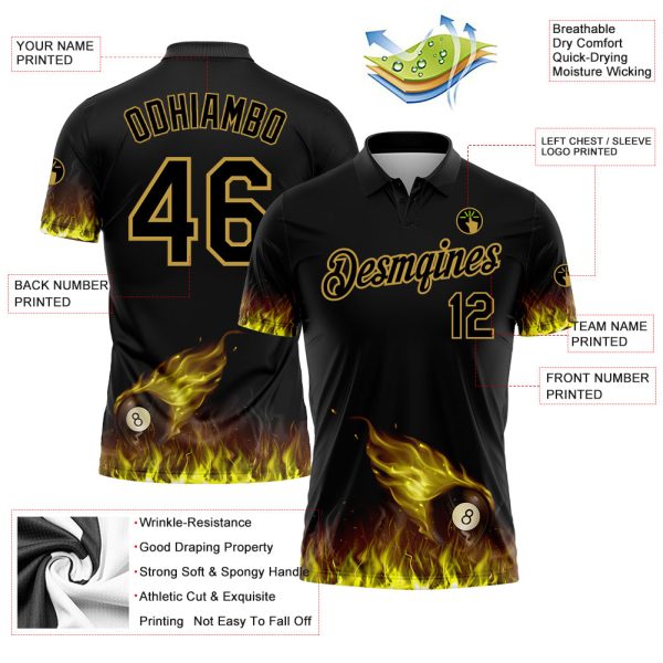 Custom Black Old Gold 3D Pattern Design Flame Billiards 8 Ball Performance Polo Shirt - Image 2