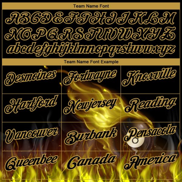 Custom Black Old Gold 3D Pattern Design Flame Billiards 8 Ball Performance Polo Shirt - Image 3