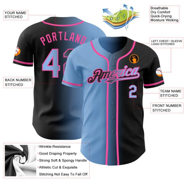 Custom Black Light Blue-Pink Authentic Gradient Fashion Baseball Jersey - Image 3
