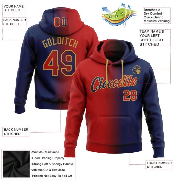 Custom Stitched Navy Red-Old Gold Gradient Fashion Sports Pullover Sweatshirt Hoodie - Image 2