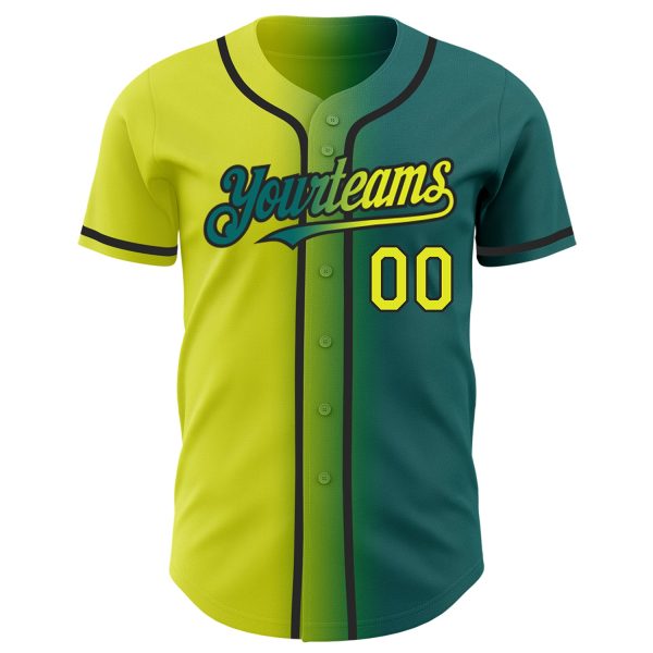 Custom Teal Neon Yellow-Black Authentic Gradient Fashion Baseball Jersey - Image 2