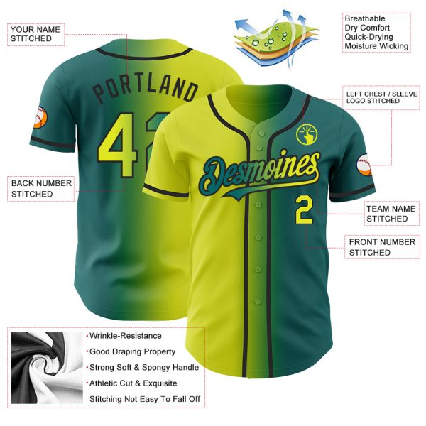 Custom Teal Neon Yellow-Black Authentic Gradient Fashion Baseball Jersey - Image 3