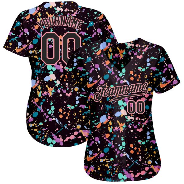 Custom Graffiti Pattern Black-Medium Pink 3D Expressive Splatter Authentic Baseball Jersey - Image 2