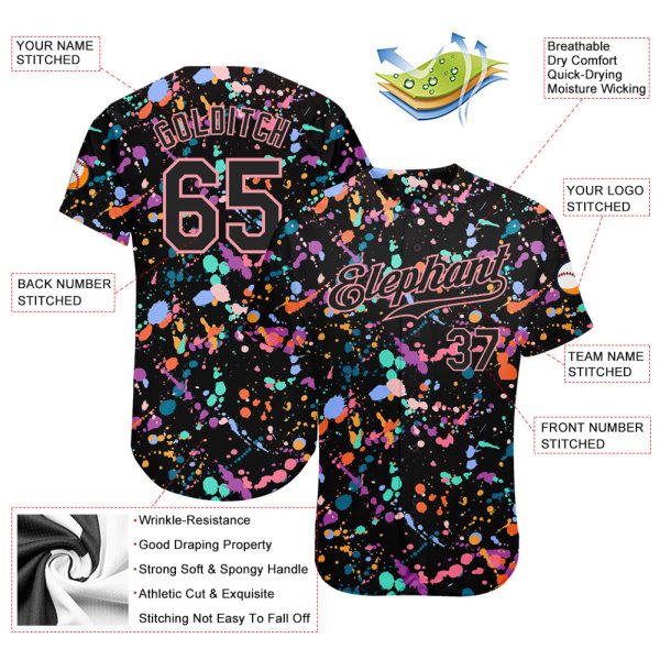 Custom Graffiti Pattern Black-Medium Pink 3D Expressive Splatter Authentic Baseball Jersey - Image 3
