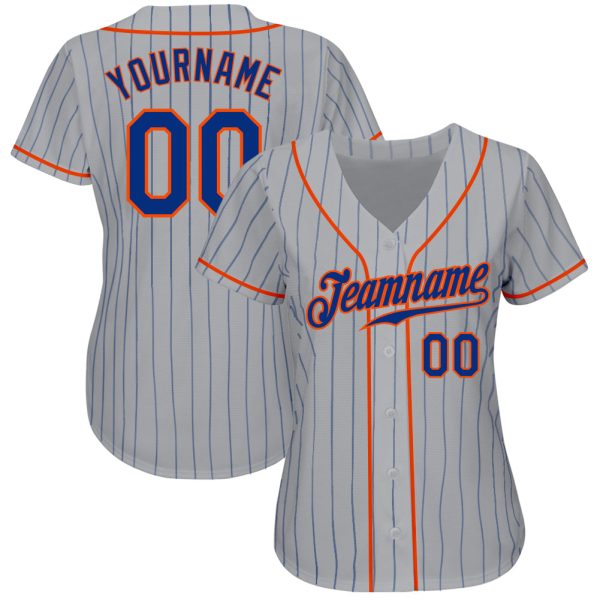 Custom Gray Royal Pinstripe Royal-Orange Authentic Baseball Jersey - Image 2