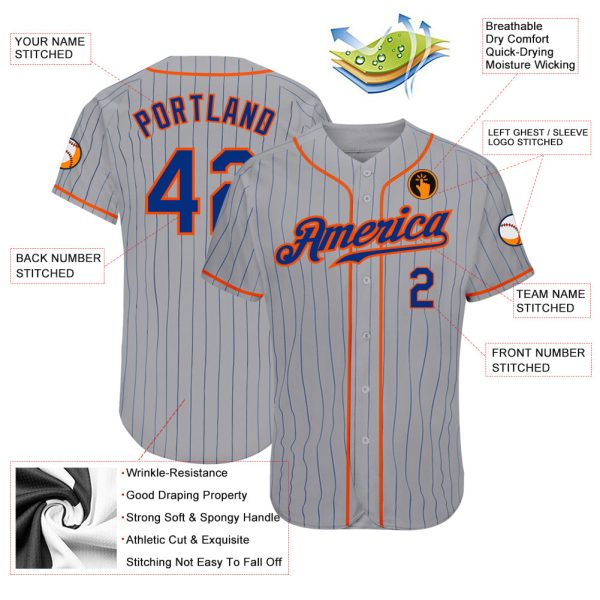 Custom Gray Royal Pinstripe Royal-Orange Authentic Baseball Jersey - Image 3