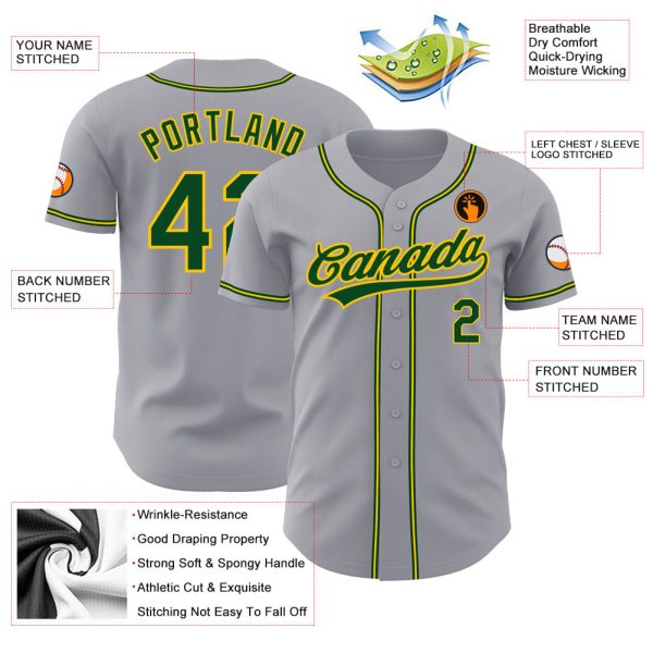 Custom Gray Green-Gold Authentic Baseball Jersey - Image 3