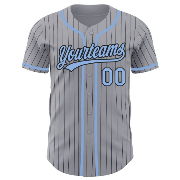 Custom Gray Black Pinstripe Light Blue Authentic Baseball Jersey - Image 2