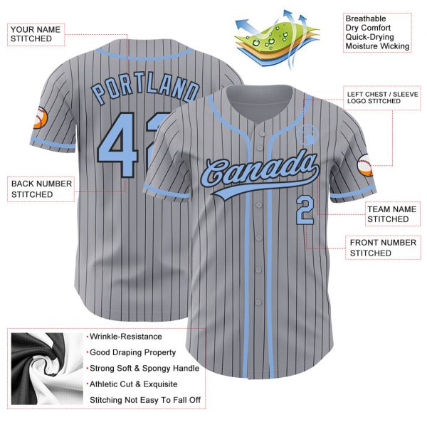 Custom Gray Black Pinstripe Light Blue Authentic Baseball Jersey - Image 3