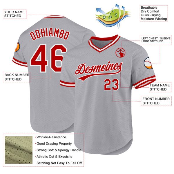 Custom Gray Red-White Authentic Throwback Baseball Jersey - Image 3