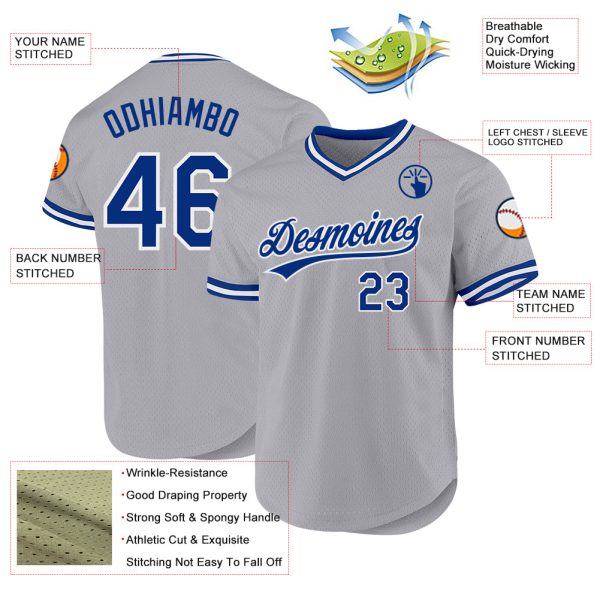 Custom Gray Royal-White Authentic Throwback Baseball Jersey - Image 3