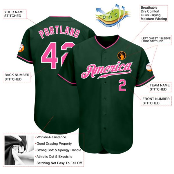 Custom Green Pink-White Authentic Baseball Jersey - Image 3